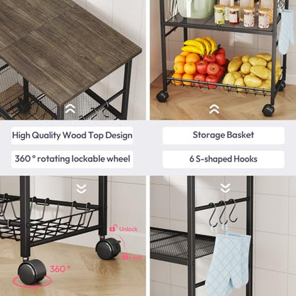 SWTYMIKI Rolling Kitchen Microwave Cart - 3 Tier Microwave Table Stand with Storage Basket and Hooks, Kitchen Utility Cart on Wheels, Coffee Cart Shelf Rack Organizer for Living Room Office, Balcony - color: Grey