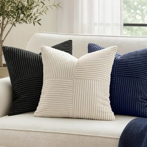 MIULEE Navy Blue Decorative Throw Pillow Covers 16x16 Inch for Couch Bed Sofa Pack of 2 Boho Farmhouse Throw Pillows Soft Cross Corduroy Patchwork Textured Cushion Cases - color: Navy Blue, size: 16" x 16" (Pack of 2)