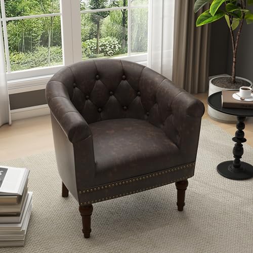 PU Leather Barrel Accent Chair, Modern Upholstered Armchair, Chocolate | Comfy Living Room Chair, Nailed Trim Barrel Arm Chair Bedroom Reading Seat | 27"D x 30"W x 30"H - color: Chocolate