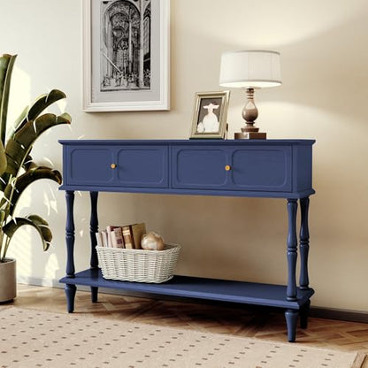 ARTPOWER 47" Mid-Century Console Table, 2 Drawers and Open Shelf, Blue | Entryway Table with Storage, Narrow Behind Couch Table for Living Room, Foyer, Hallway - color: Blue
