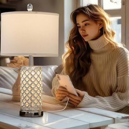 SAIWEYA 24in Crystal Table Lamp Bedroom Lamps for Night Stand Bedside | 3-Way Dimmable Touch with Night Ligh, 2 USB Ports + AC Outlet, White Fabric Shade, LED Bulb Included - color: Silver-1 Pack 24In