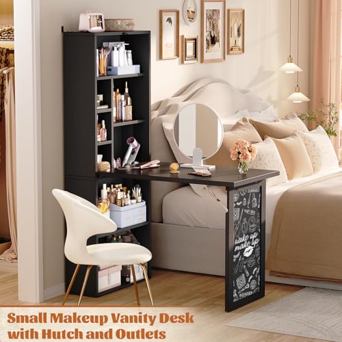 Small Folding Desk with Outlets, Fold-Out Murphy Desk Craft Table | Foldable Wall Mounted Desk Cabinet with Storage, Craft Cabinet with Fold Out Table, Multi-Function Desk for Small Spaces - color: Black