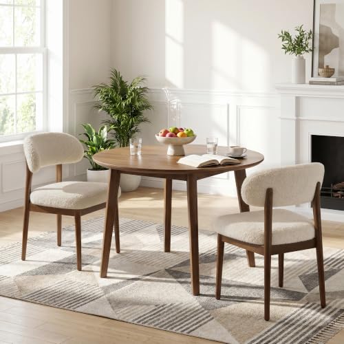 Wooden Dining Room Chairs Set of 2, Modern Upholstered Teddy Fabric Kitchen Chairs with Ergonomic Curved Back, Farmhouse Dining Side Chair with Solid Wood Frame for Kitchen Room, Beige - color: Beige