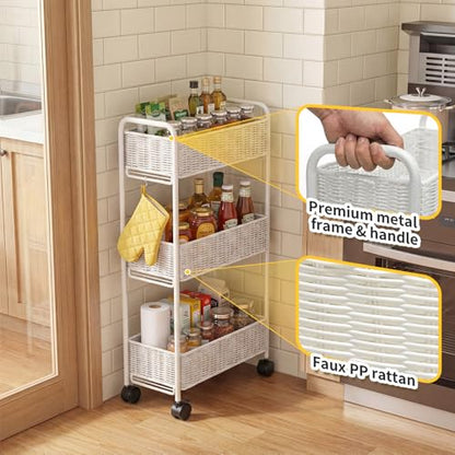 Utility Slim Storage Cart,3-Tier Rolling Kitchen Office Laundry Room Cart,Mobile Shelving Unit Organizer for Living Room Bathroom Baby Diaper Narrow Places (White, UC-White-7.1inch) - color: White
