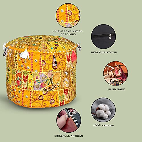 Indian Pouf Footstool, Ethnic Embroidered Pouf Cover - Cotton Round Ottoman - Yellow, 18x13 - color: Yellow, size: 13"D x 13"W x 18"H