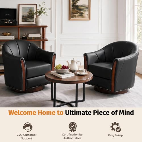 360° Swivel Accent Chair, Faux Leather Swivel Barrel Chairs | Nailhead Trim & Wood Base, Round Armchair Club Chair, Modern Reading Chairs for Living Room (BX01, Wood Black) - color: Wood Black