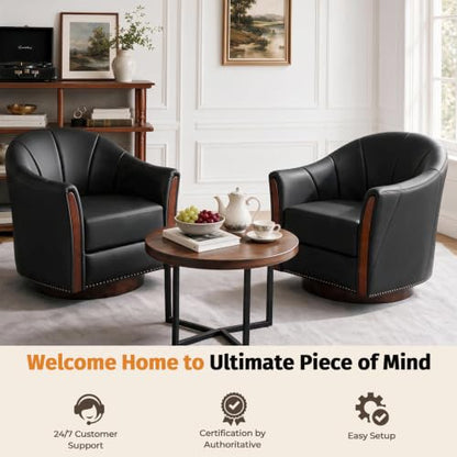 360° Swivel Accent Chair, Faux Leather Swivel Barrel Chairs | Nailhead Trim & Wood Base, Round Armchair Club Chair, Modern Reading Chairs for Living Room (BX01, Wood Black) - color: Wood Black