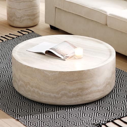 Round Faux Marble Coffee Table, Modern Drum Design, Circle FiberglassCoffee Table, End Table for Living Room, Apartment, No Assembly Required (39.37'' Mars Pattern) - color: 39.37'' Mars Pattern