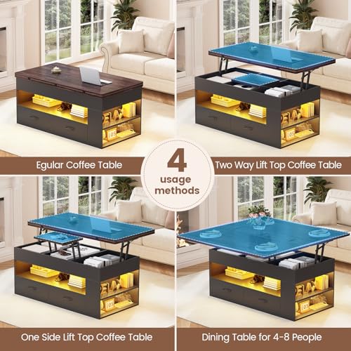 Itaar Lift Top Coffee Table, 4 in 1 Coffee Tables with Storage and Hidden Compartment, Farmhouse Coffee Table with 2 Fabric Drawers & LED Light for Living Room, Black - color: Black