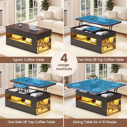 Itaar Lift Top Coffee Table, 4 in 1 Coffee Tables with Storage and Hidden Compartment, Farmhouse Coffee Table with 2 Fabric Drawers & LED Light for Living Room, Black - color: Black