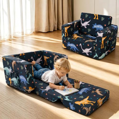 Kids Couch, 2-in-1 Kids Fold Out Couch | Convertible Sofa to Lounger for Girls and Boys, Soft Toddler Chairs Comfy 1-3 Years Old, Dinosaur - color: Dinosaur