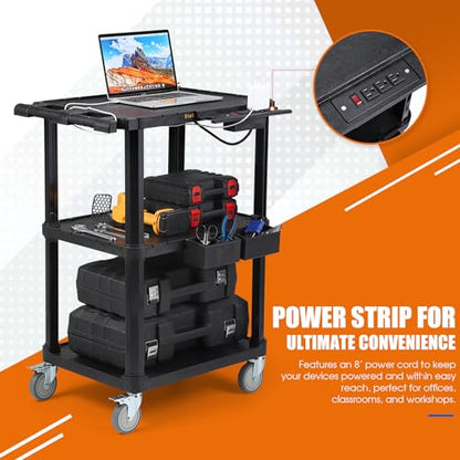 3-Tier Heavy Duty AV Cart with Power Strip, 27.5 x 18.25 in | 330 lbs Capacity, Flat Top Shelves, Industrial Rolling Cart, Swivel Wheels, AV Equipment Stand, Work Cart, Organizer - style: With Power Strip