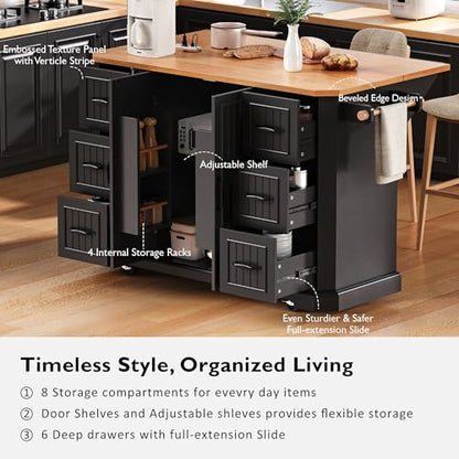 Rustic Rolling Kitchen Island with Drop Leaf, Built-in Charging Station & 6 Deep Drawers, 47" Farmhouse Mobile Cart for Dormitories, Offices, Bedrooms (Black/R1) - color: Black/R1