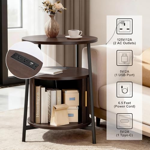 DHH Round End Tables Set of 2 & Charging Station, Fluted Accent Side Table with Sliding Door, Mid-Century Modem Nightstand Set for Small Space Storage, Living Room, Bedroom,Sofa Couch(Dark Walnut) - color: Dark Walnut