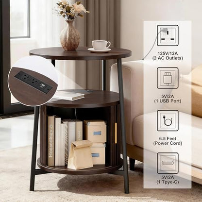 DHH Round End Tables Set of 2 & Charging Station, Fluted Accent Side Table with Sliding Door, Mid-Century Modem Nightstand Set for Small Space Storage, Living Room, Bedroom,Sofa Couch(Dark Walnut) - color: Dark Walnut