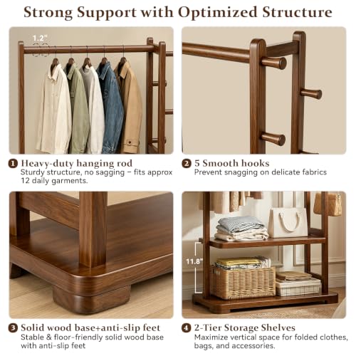 Coat Rack Solid Wood Hall Tree Storage 2 Shelves 5 Hooks | Hallway bedroom living room, durable wood construction, freestanding organizer design, coats hats wallets garments - size: Walnut - S (18.1''L×12.6''W×64.5''H)