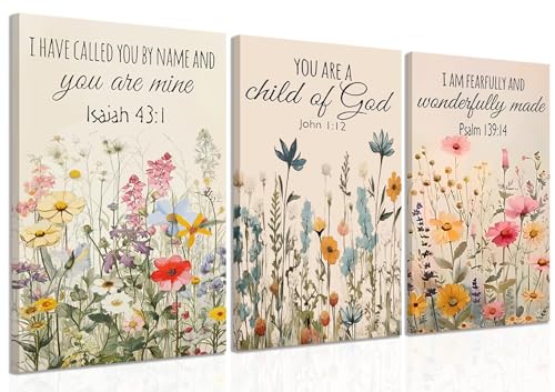 3Pcs Christian Floral Scripture Canvas Wall Art, Wildflower Bible Verse Posters Wall Decor, Psalm Religious Faith Art Pictures Prints for Living Room Bedroom Decorations 12x16in Framed - color: Flower canvas, size: 16L"x12W"