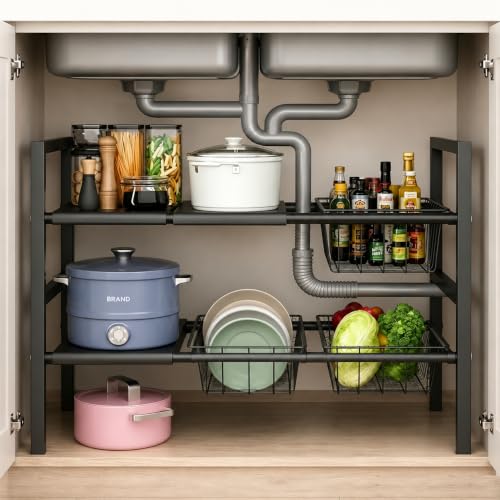 Expandable Under Sink Organizer, 2 Tier Under Sink Shelf, Height Adjustment, Under Sink Shelves with 3 Removable Baskets and 3 Removable Panels for Bathroom Kitchen Pantry Cabit black 21.65in