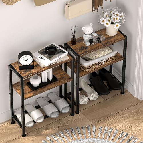 Narrow Side Table for Small Space, 2-Tier Small End Table with Shelf Holder, Slim Nightstand, Skinny Snack Couch Table in Living Room, Bedroom, Study, Kitchen and Balcony (Rustic Brown &Black) - color: Rustic Brown