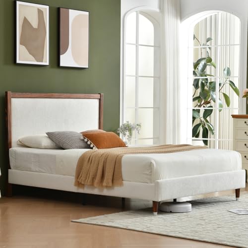 YUHUASHI Queen Upholstered Platform Bed Frame with Solid Wood Trim Headboard, Linen Fabric Upholstery, Sturdy Slat Support No Box Spring Needed, Easy Assembly (Cream, Queen (U.S. Standard)) - color: Cream, size: Queen (U.S. Standard)