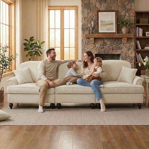 Modular Sectional Sofa Couch, Comfy Chenille Sofa with Removable Ruffled Skirt, Flared Armrests, Sturdy Legs, Convertible 3-Seat for Living Room, Bedroom, Apartment (Beige) - color: Beige, size: 107.1 Inch