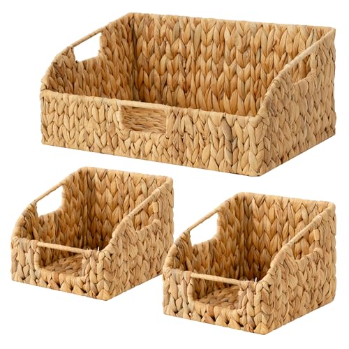 StorageWorks Water Hyacinth Basket Organizer, Pantry Storage Baskets,3-Pack | Wicker Baskets with Handles, Handwoven Shelf Baskets for Organizing, Handwoven Pantry Organizers and Storage, Pantry Baskets - color: Natural(Water Hyacinth), size: 17"L x 11"W