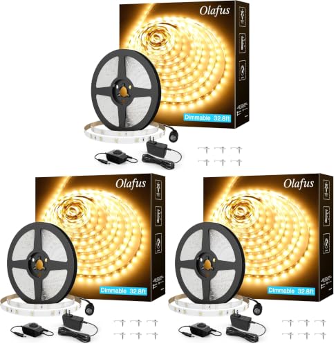 Olafus 32.8ft LED Strip Lights Warm White, Dimmable Soft White Light Strip 3000K with Adhesive Clips, 12V 10M Flexible Led Lights for Bedroom Indoor Kitchen, UL Listed Plug, 600 LEDs 2835 (Pack of 3) - color: Warm White, size: 32.8ft (Pack of 3)