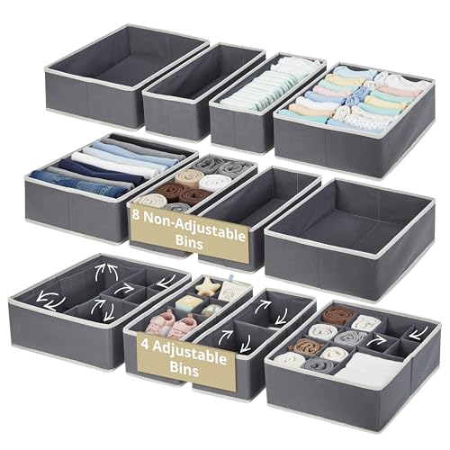 DECOMOMO Adjustable Drawer Organizer Clothes, 12 Pack Drawer Dividers | Fabric Storage Bins, Baby Dresser Organizer for Nursery, Underwear, Bra, Socks (Grey)