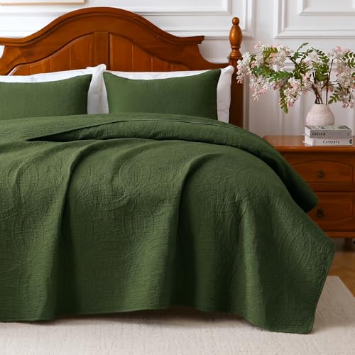 Green 100% Cotton Twin Quilt Set, 3 Piece Modern Textured Bedspread with Coin Pattern, Lightweight Crinkly Coverlet Sham Set, Soft Minimalist All Season Bedding Sets - color: Green, size: Twin