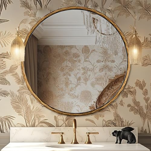 24 Inch Hand-Forged Round Gold Mirrors, Solid Steel Frame Antique Brass Bathroom Round Wall Mirror for Over Sink, Vanity Hammered Circle Mirror for Vintage, Farmhouse, Rustic - color: Gold, size: 24"L x 24"W