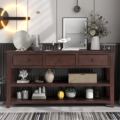 Modern Console Table, Pine Solid Wood Sofa Table with 3 Drawers and 2 Shelves, Entryway Table Sideboard Buffet Table for Living Room, 220 LBS Weight Capacity, Easy Assembly (Espresso-1) - color: Espresso-1