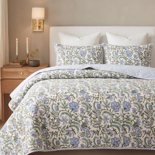 Block Print Reversible Cozy Quilt Columbia Blue Queen 90" x 96" Lightweight Blanket for Sofa, Couch, Bed Soft Breathable Comforter Handmade Bedspread Duvet for Farmhouse, Home, Winter - color: Columbia Blue, size: Queen 90" x 96"