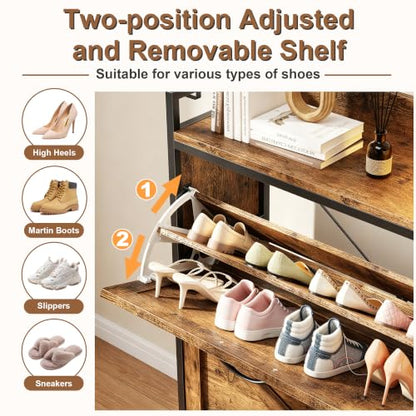 Shoe Cabinet with 2 Flip Drawers and Coat Rack, 41.3" W | Charging Station&LED Lights, 4 Side Hooks, Adjustable Shelves, Hidden Shoe Storage Cabinet, for Entryway, Hallway