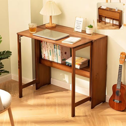 Bamboo Folding Desk Mid Century Modern Desk for Home Office Bedroom Small Spaces, Brown - color: Brown, size: 21.65"D x 32.68"W x 29.92"H