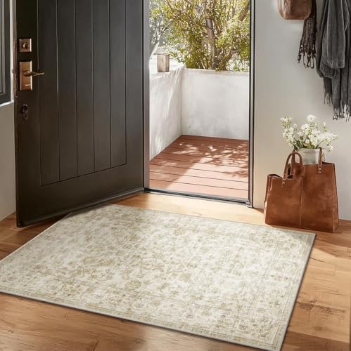 Machine Washable Area Rugs for Entryway: Door Mat Indoor Entrance 2x3 Boho Rug Stain Resistant Non-Slip Low Pile Soft Throw Carpet for Kitchen Front Door Indoor Entrance Entry Bedroom - color: Beige and Brown, size: 2' x 3' (Rectangular)