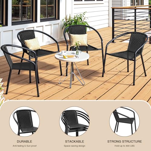 4 Pack Patio Stackable Rattan Chairs, Indoor-Outdoor Restaurant Bistro Wicker Dining All-Weather Armchair Stack Chair, Black - color: Bk-blk