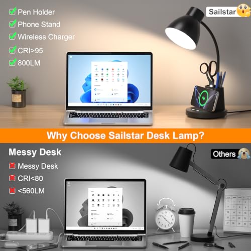 10W Wireless Charging LED Desk Lamp with Pen Holder, CRI 95, Black | 800LM, 3 Modes, 360°Flexible Arm, Touch, Brightness, Table Lamp for Home Office, Dorm, Bedside, Study, Reading, with Adapter - color: Black