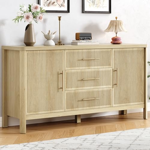 55" Buffet Cabinet with Storage, Reeded Sideboard Cabinet with 3 Drawers, 2 Doors and Thickended Top, Wood Coffee Bar Cabinet with Adjustable Shelves, Storage Cabinet for Entryway, Living Room, Oak - color: Oak