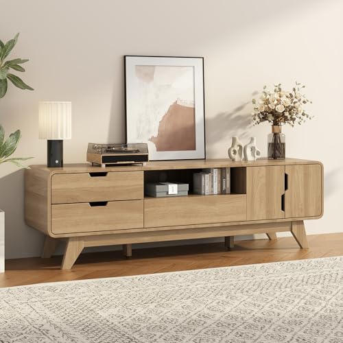 EAG Mid Century Modern TV Stand for 65 Inch TV, Entertainment Center with Storage Cabinet & 3 Drawers, Media and TV Console for Living Room, Bedroom, Natural - color: Natural Oak, size: 62"