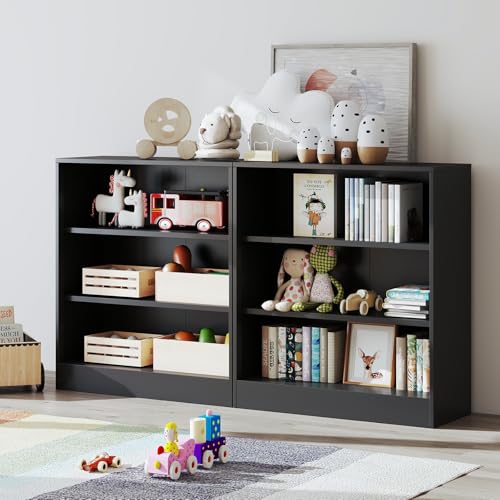 IRONMIX Short Bookshelf for Classroom, 3-Tier Black Metal Bookshcase, Small Bookcase for Small Places, Open Bookshelf with Adjustable Shelves, Cabint Display Case for Home Office, Library, Living Room - size: 31.5" W-35.5" H - 2 set