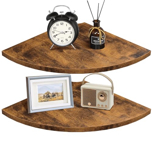 Corner Shelf Wall Mount, 12 Inch Wood Floating Corner Shelves with Cord Hole, Set of 2 Large Corner Hanging Shelves for Bathroom Bedroom Kitchen, Rustic Brown - color: Rustic Brown, size: Set of 2