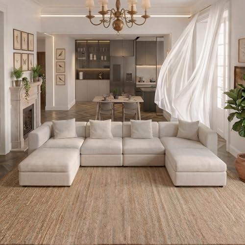 Miuuod 6 Seaters L/U Shape Oversized Sectional Sofa for Living Room,4 Seats with 2 Ottomans Extra Large Couch，Queen Sofa Bed,Deep Seat,Beige - color: Beige, style: 6 Seats（4 Seats with 2 Ottomans）