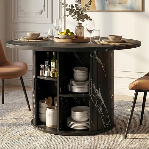 3-Piece Round Dining Table Set for 2, 47-Inch Modern Faux Marble Dining Table with Half-Open Storage Shelf, Upholstered Dining Chairs with Thick Cushions (Black Faux Marble Table + 2 Brown Chairs) - color: Black Faux Marble Table + 2 Brown Chairs-196, siz