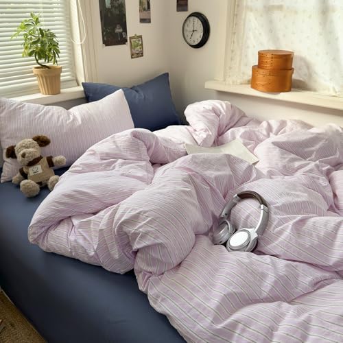 mixinni Pink White Striped Duvet Cover Twin Size, 3-Piece Washed Microfiber Vintage Striped Bedding Set, Soft Aesthetic Stripe Pattern Duvet Cover with Zipper Closure & Corner Ties for Women Girls - color: 04 - Pink/White Striped, size: Twin(68" x 86")