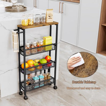 Slim Rolling Cart 4 Tier Narrow Storage Cart on Wheels with Handle | Lockable Wheels, Wood Top Panel, Metal Frame Utility Carts for Kitchen, Dining, Living, Home Office, Laundry Room - size: 16.54 x 5.12 x 30.31 inch