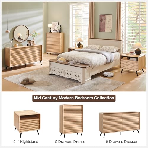 RedLemon 24" Fluted Nightstand with Charge Station, 2 Drawers, Oak | Mid Century Modern, 2 Drawers & Open Cubby Storage, P2 Engineered Wood, Smooth Slides, Easy Assembly, Charge Station