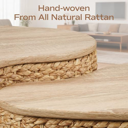 Cloud Nesting Coffee Table Set of 2 with Storage - Handwoven Wicker Rattan Ottoman Style, Boho Coastal Coffee Tables for Living Room, Rattan Coffee Table with Cover & Soild Wood Frame - color: Light Natural - Heart Shape