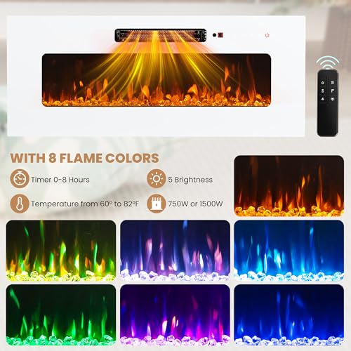 71" Floating TV Stand with 36" Electric Fireplace, Wall Mounted Fireplace Entertainment Center with LED Lights, Mid Century Modern Media Console for TVs Up to 80", White - color: White, size: With Fireplace