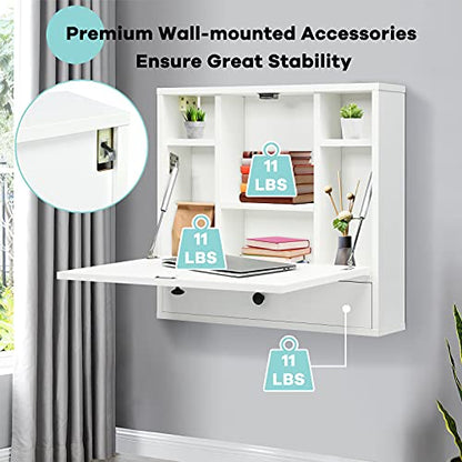 Tangkula Wall Mounted Desk, Pneumatic Floating Laptop Desk with Magnetic Foldable Tabletop, Space Saving Wall Mounted Table Wall Desk with Storage Drawer and Shelves (White) - color: White