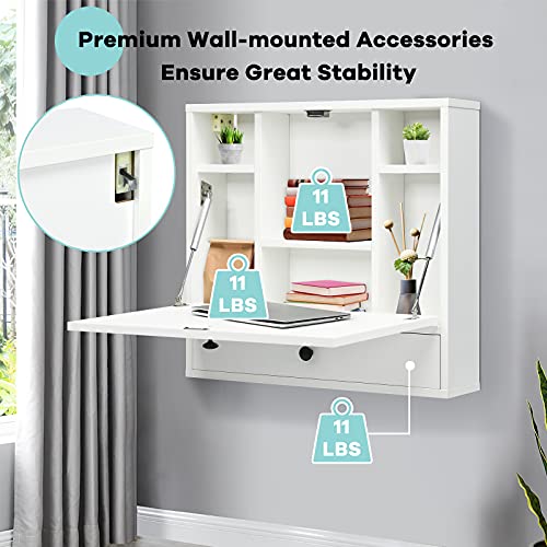 Tangkula Wall Mounted Desk, Pneumatic Floating Laptop Desk with Magnetic Foldable Tabletop, Space Saving Wall Mounted Table Wall Desk with Storage Drawer and Shelves (White) - color: White